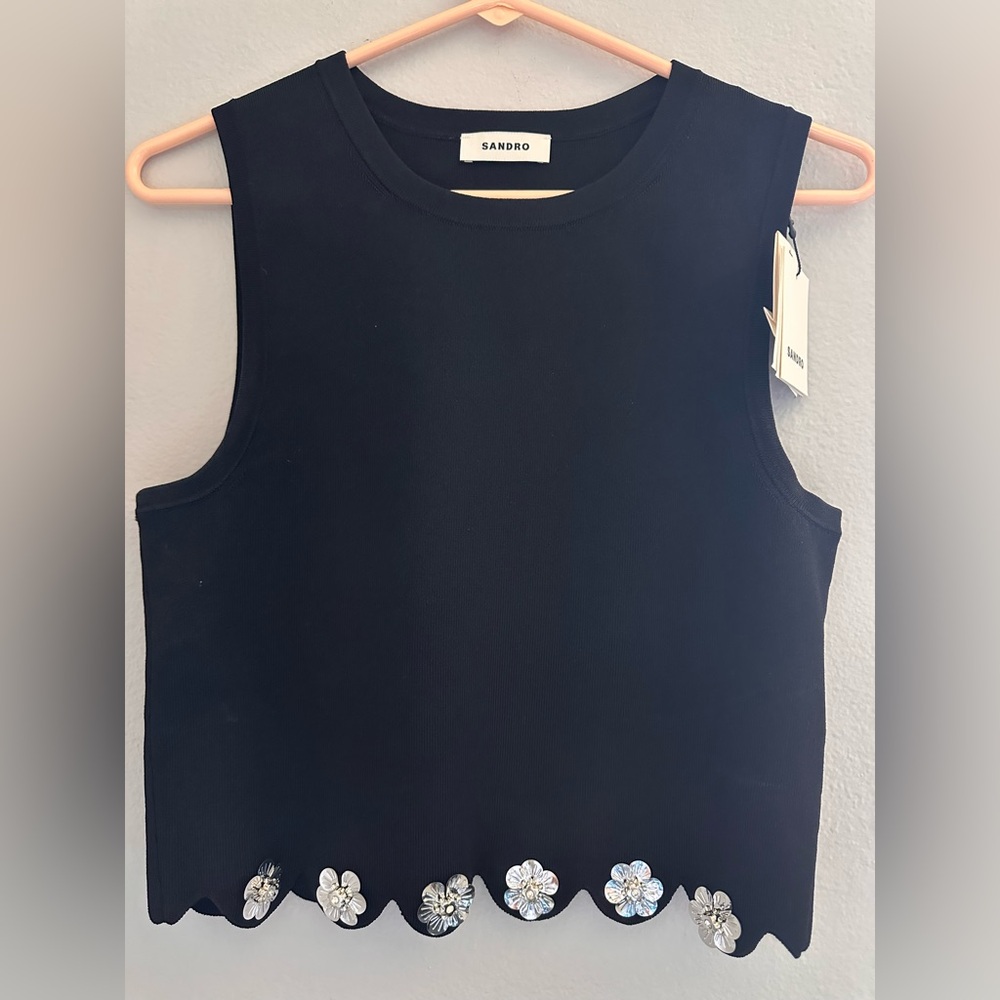 Sandro Black Sleeveless Top with Floral Accents